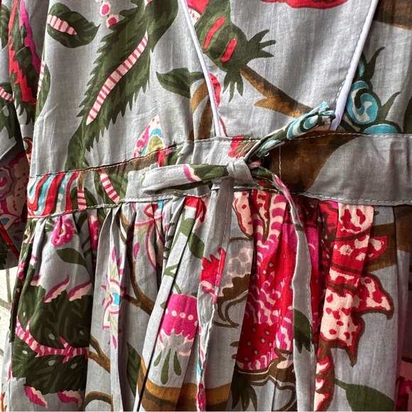 Handmade Cotton Block Print Floral Dress Gray Pink Tassel Tie Boho S India - Picture 3 of 10